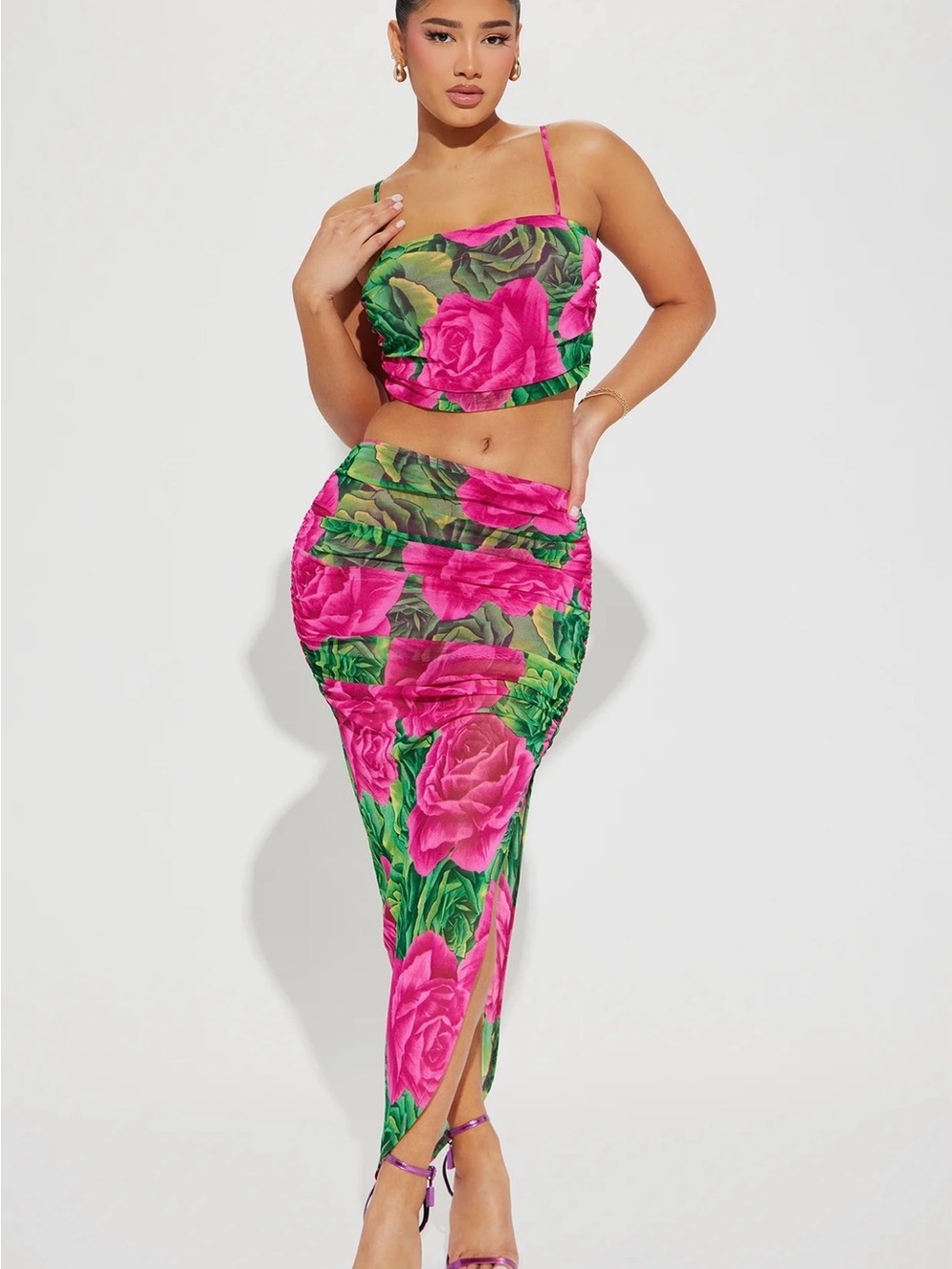Women Floral Pink Ruched Mesh Maxi Skirt Set